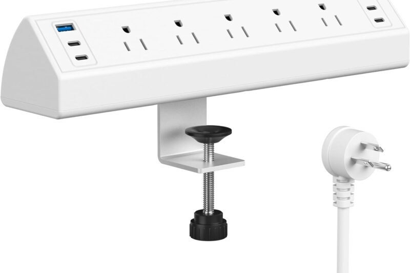 Jgstkcity Desk Clamp Power Strip USB C,40W Total Fast Charging Station,4 PD 20W USB C Ports,Desk Edge Mount Surge Protector,5 Outlets,Fit 1.96″ Tabletop Edge,ETL Listed,White