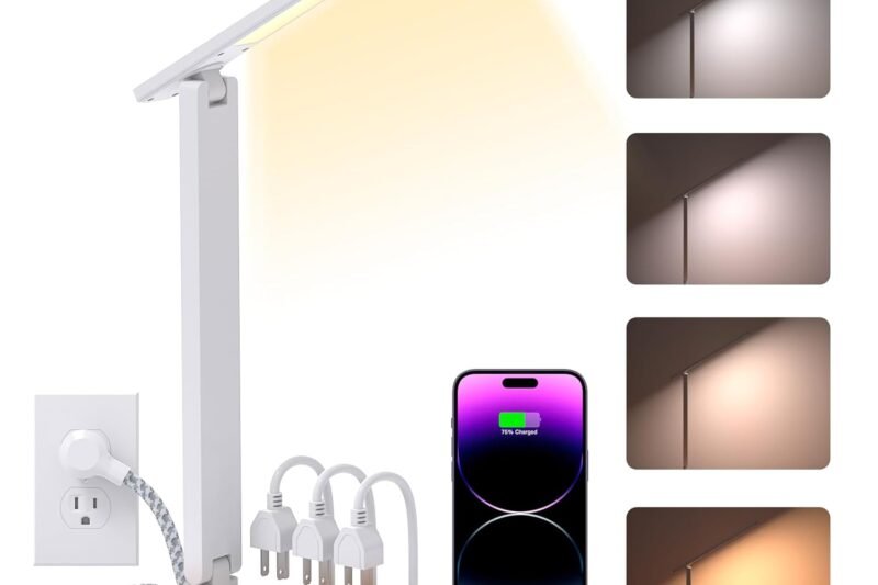 One Beat LED Small Desk Lamp Power Strip 5ft Extension Cord, 3 Outlets, 4 USB Ports(2 USB C), 4 Modes, 5 Level Touch- Home, Office, Bedroom, Bedside, Study Reading Light, Dorm Room Essentials, White