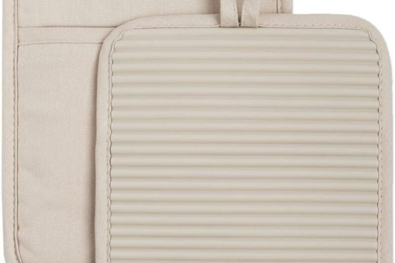 KitchenAid Ribbed Soft Silicone Pot Holder 2-Pack Set, Milkshake Tan, 7″x9″