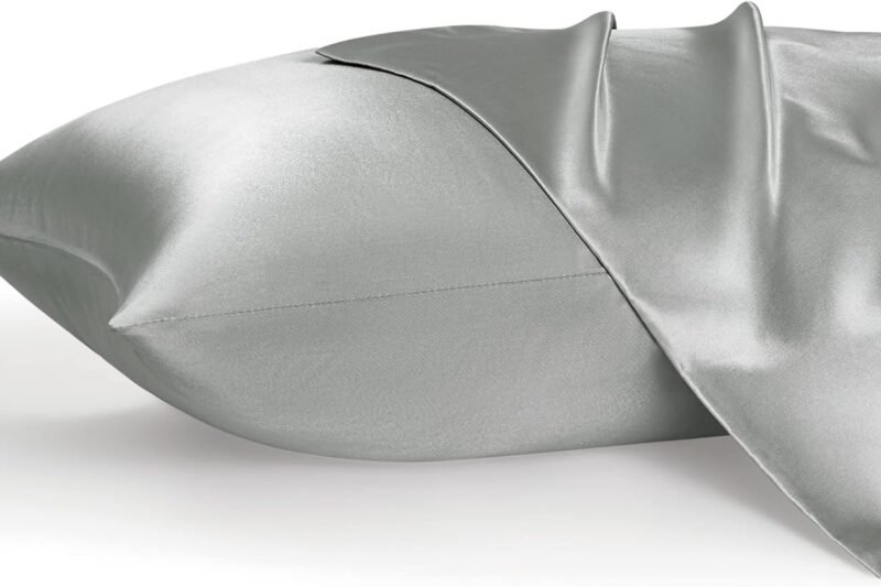 Bedsure Satin Pillowcase, Similar to Silk Pillow Cases Queen Size Set of 2, Cooling Pillow Case with Envelope Closure, Christmas Room Decor Gifts for Women Men, Silver Grey, 20×30 Inches, 2pcs