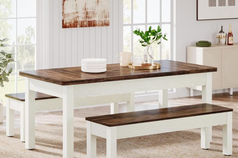 Tribesigns Farmhouse Kitchen Table Set for 4-6, 55-Inch Wooden Dining Table with 2 Benches, Space Saving 3 Pieces Heavy Duty Dinette for Dining Room, Kitchen, Small Space