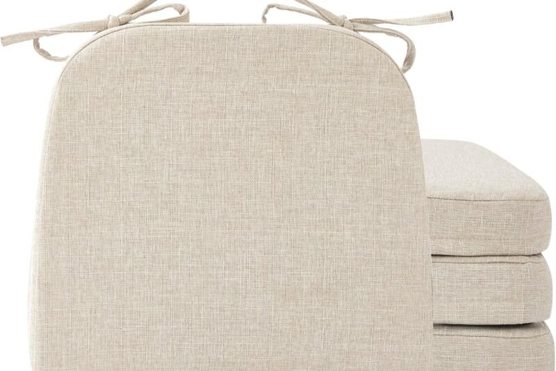 Chair Cushions for Dining Chairs, 2″ Thick Seat Cushions for Kitchen Chairs, D-Shaped Chair Pads with Washable Cover, Ties and Non Slip Backing, 17” x 16”, Set of 4, Beige