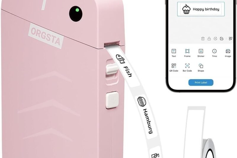 ORGSTA S001 Label Maker Machine with Tape, Portable Bluetooth Label Maker for Home and Office Organization, Thermal Label Printer Mini Sticker Maker with Multiple Templates, Pink