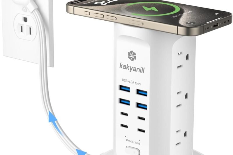 Power Strip Tower, kakyanill Surge Protector Tower 9 AC Outlets 8 USB (4 USB C), 6 Ft Retractable Extension Cord, Charging Station for Office Dorm Room, White