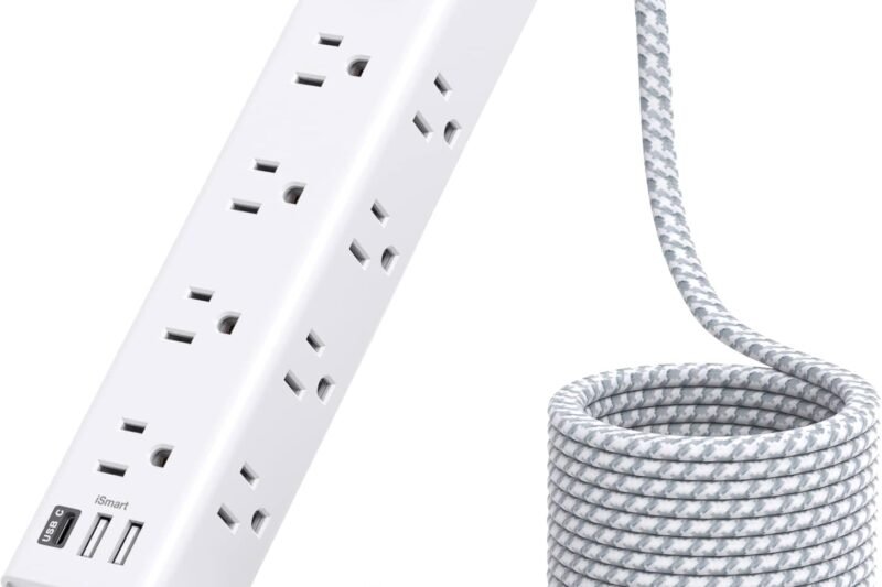 Surge Protector Power Strip – 10 FT Extension Cord, Power Strip with 12 Widely AC Outlet 3 USB, Flat Plug, Wall Mount Overload Protection, 1050J, Desk Charging Station for Home Office, ETL Listed