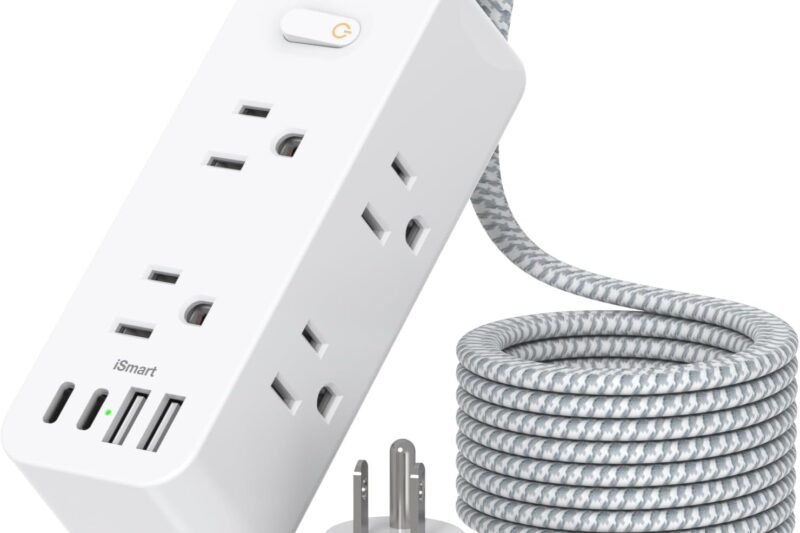 Power Strip Surge Protector, BESHON 5Ft Extension Cord, 6 Outlets with 4 USB Ports (2 USB C Outlet), 3-Side Outlet Extender, Wall Mount, Compact for Travel, Home, School, College Dorm Room and Office