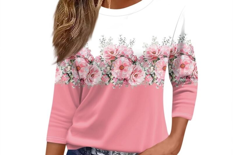 3/4 Sleeve Cotton Tops for Womens Dressy Shirts Crewneck Tops,Women Tunic Casual Loose Fit Shirt Floral Print Blouse