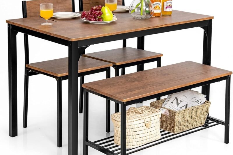 Giantex Dining Table Set for 4, 43″ Kitchen Table and Chairs, Dining Bench with Metal Frame & Storage Rack, 4-Piece Modern Functional Desk Set for Dinette, Small Space, Apartment, Restaurant, Brown