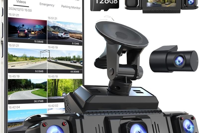 360 View 4 Channel Dash Cam Front and Rear Left Right Inside Camera for Cars, GPS and 5G Band WiFi, Night Vision, 160 Wide Angle, WDR, 24H Parking Mode, Supercapacitor, Included 128GB Card