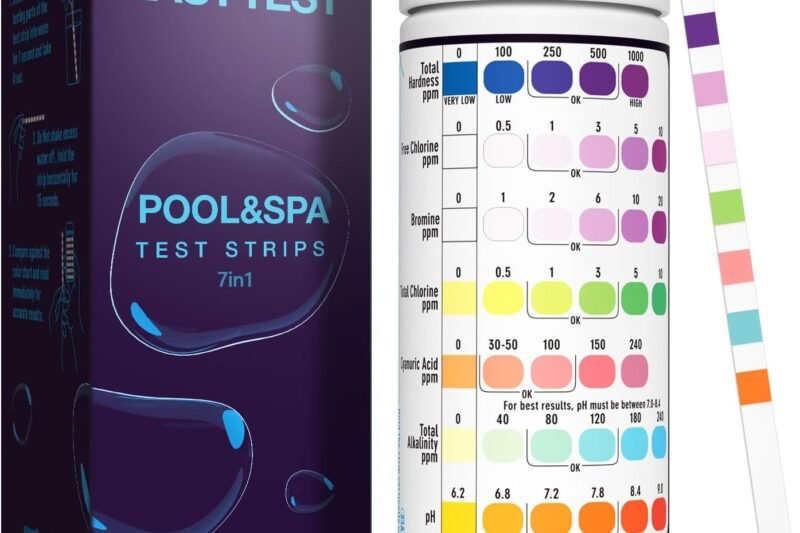 EASYTEST 7-Way Pool Test Strips, 150 Strips Water Chemical Testing for Hot tub and Spa, Accurate Test Bromine, Total Alkalinity, pH, Free Chlorine, Total Hardness, Cyanuric Acid, and Total Chlorine