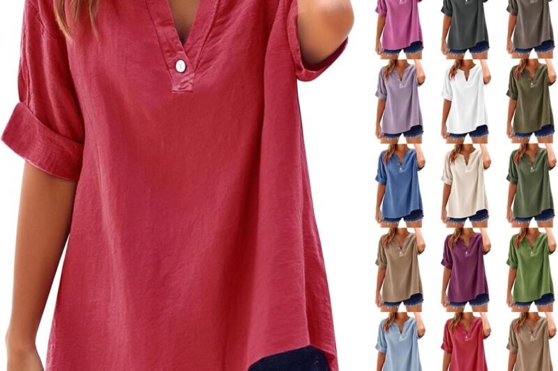 Summer Tops for Women 2025 Casual Cotton Linen Shirts Short Sleeve Solid Color Blouses Loose Work Tops with Pockets