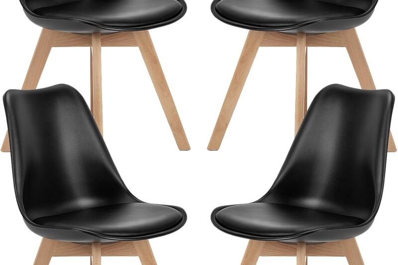 Sweetcrispy Dining Chairs Set of 4, Kitchen Room PU Leather Mid Century Modern Chairs, Upholstered Dining Chair with Wood Legs for Home Kitchen, Black