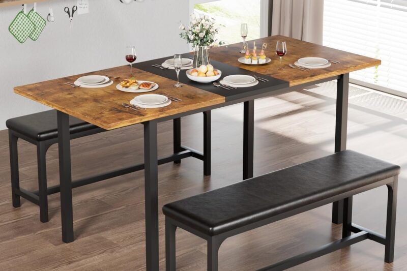 VECELO 3-Piece 63″ Extendable Kitchen Table with Benches/Chairs, Modern Breakfast Dinette/Dining Room Set for 4/6/2, Small Space Saving Design, Easy Assembly