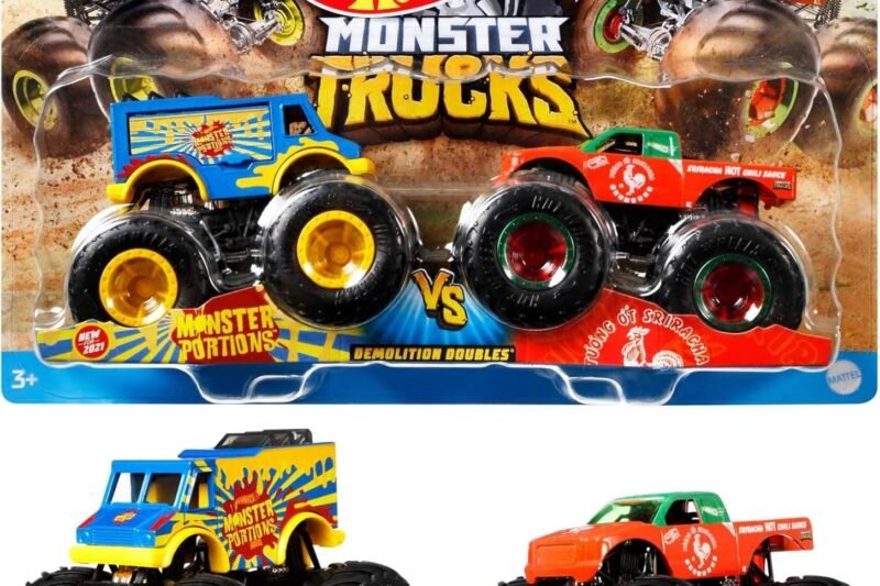Hot Wheels Monster Trucks 2-Pack, Demolition Doubles Set of 2 Toy Vehicles in 1:64 Scale, for Kids & Collectors (Styles May Vary)