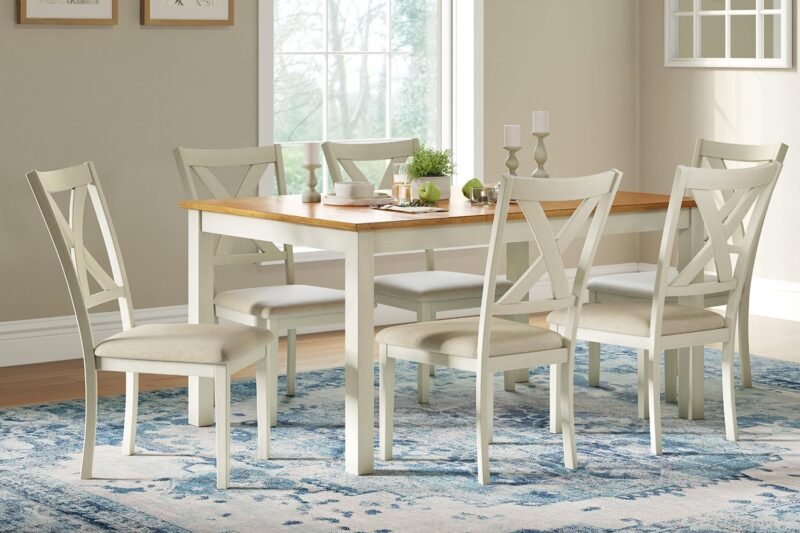 AMERLIFE 7-Piece Farmhouse Solid Wood Dining Table Set with 6 Upholstered Chairs, 60″ Space Saving Dinner Table & Chairs Set, for Dining Room, Kitchen, Restaurant, Brown & White