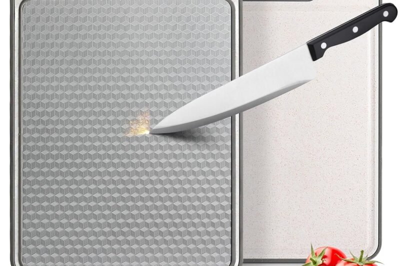 3-in-1 Stainless Steel Cutting Board for Kitchen, Double Sided,Non Toxic Cutting Board,Scratch-Resistant Mesh Design with Juice Groove,Easy Clean,Wheat Straw PP Large Chopping Board (15”*10”)