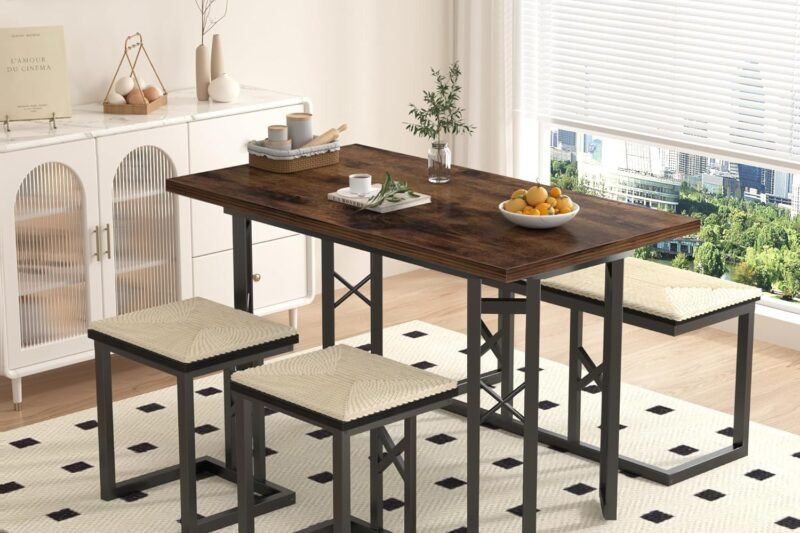 VECELO 43.3″ Kitchen & Dining Table Set for 4, Rustic Farmhouse Style with 3 Benches and Wicker Cushions, Compact Metal Frame with Adjustable Foot Pads, Brown