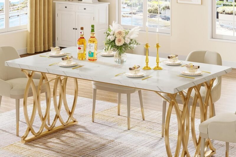Tribesigns Modern Dining Table, 63″ Large Kitchen Table for 4-6 People, Unique Rectangular Dinner Table Kitchen & Dining Room Furniture with Faux Marble Tabletop and Geometric Legs