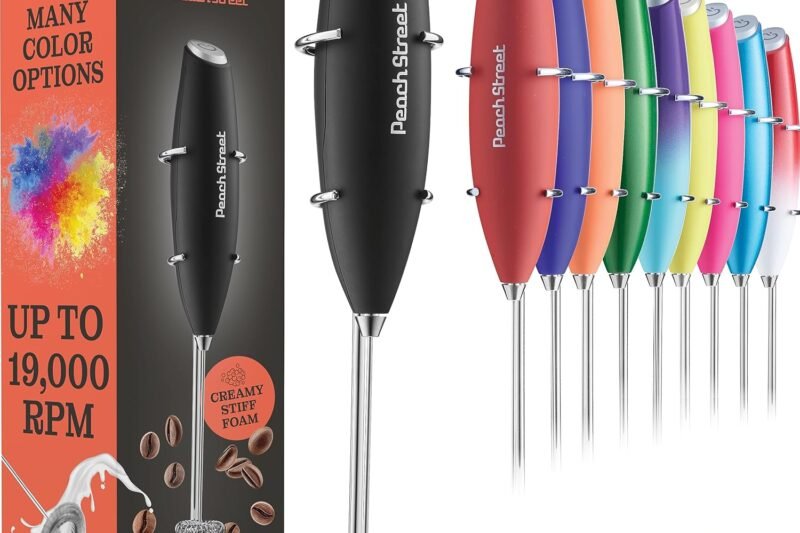 Powerful Handheld Milk Frother, Mini Milk Frother Wand, Battery Operated Stainless Steel Drink Mixer – Frother Stand for Milk Coffee, Lattes, Cappuccino, Frappe, Matcha, Hot Chocolate. Gift