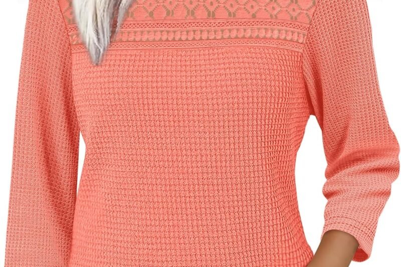 OFEEFAN 3/4 Length Sleeve Womens Tops Early Fall Fashion 2025 Dressy Casual Blouses Lace Front Trendy Waffle Knit Shirts