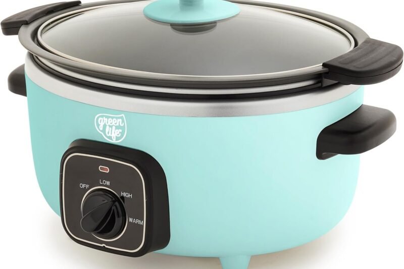 GreenLife 3.5QT Slow Cooker, Non-Toxic PFAS-Free Ceramic Nonstick Removable Interior Bowl, Programmable, Keep Warm, Stovetop & Oven Safe, Dishwasher Safe Parts, Glass Lid, Turquoise