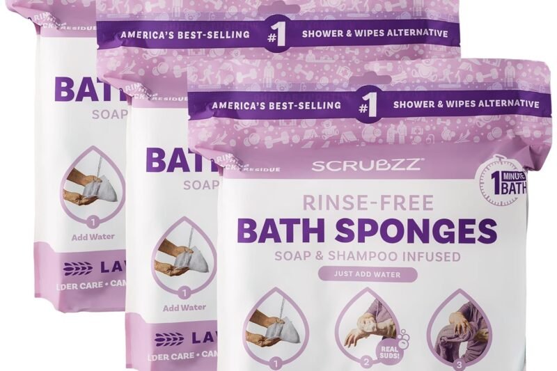 Scrubzz Disposable No Rinse Bathing Wipes – All-in-1 Single Use Shower Wipes, Simply Dampen, Lather, and Dry Without Shampoo or Rinsing (Lavender, 3-Pack)