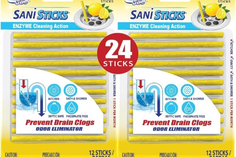SANI 360° Sani Sticks Drain Cleaner and Deodorizer, 24 Count, Lemon Scent Enzyme Pipe Cleaners, Eliminate Odors, Prevent Clogged Drains, Safe for Sinks, Bathtub Drains, Septic Tanks